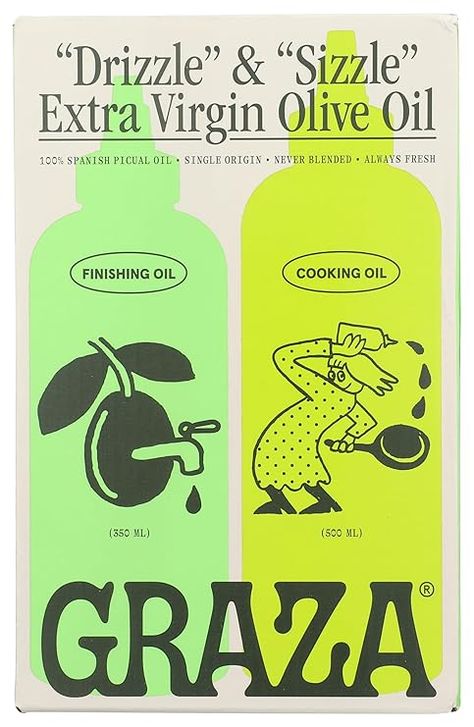 Amazon.com : Graza Drizzle & Sizzle Extra Virgin Olive Oil, 850 ML : Grocery & Gourmet Food Food Product Design, Oil Branding, Graphic Design Mockup, Olive Oil Packaging, Honey Label, Oil Packaging, Color Design Inspiration, Fruit Wine, Branding Design Packaging