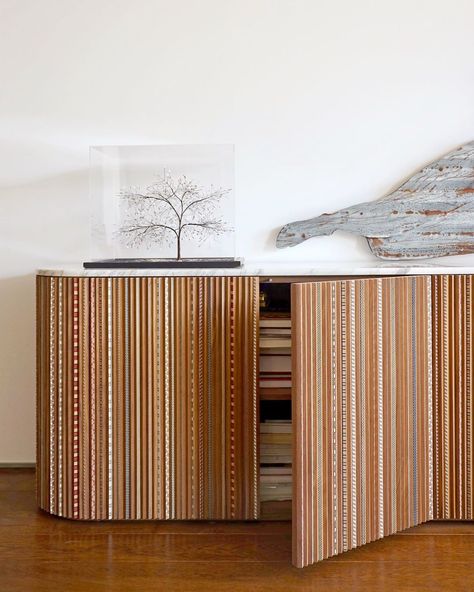 Studio NADA DEBS on Instagram: “Close up on our Funquetry pleated console, which explores a fun interpretation of the traditional craft of marquetry #interiors #funquetry…” Tambour Cabinet, Nada Debs, Cabinet Inspiration, Contemporary Sideboard, Contemporary Console Table, Marble Console Table, Calacatta Gold Marble, Marble Console, Modern Dining Room Tables