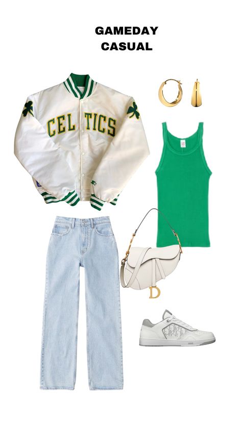 Womens Nba Game Outfit, Boston Celtics Game Outfit Women, Gameday Outfit Basketball, Boston Celtics Outfit Woman, Back To School Outfits Sophomore, Trendy Gameday Outfit, Celtics Outfit Women, Celtics Game Outfit Women, Green Gameday Outfit