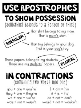 Apostrophes Anchor Chart, Apostrophe S, Apostrophe Anchor Chart, Apostrophes Worksheet, Words With Apostrophes, Editing Practice Worksheets, Substitute Teacher Tips, English Primary School, College Essay Examples