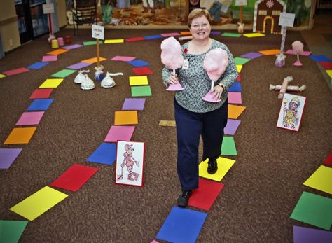 Lifesize Candyland at Oro valley Library, AZ Lifesize Candyland Game, Lifesize Candyland, Literacy Night Activities, Workshops Ideas, Candyland Games, Library Centers, Family Literacy Night, Candyland Theme, Library Project