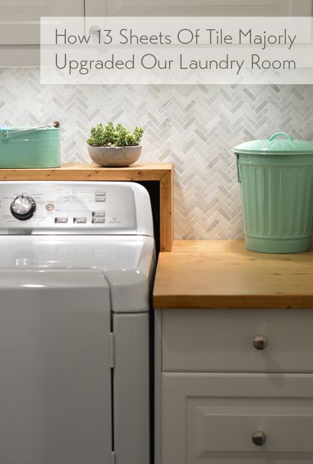 Young House Love | How To Install A Marble Herringbone Tile Backsplash In The Laundry Room | https://www.younghouselove.com Marble Herringbone Tile, Herringbone Tile Backsplash, Marble Herringbone, Laundry Room/mud Room, Cabinets Countertops, Laundry Room Renovation, Laundry Design, Young House, Young House Love