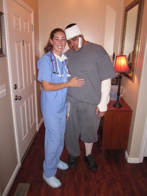 Nurse and patient Halloween costume! Nurse Patient Costume, Hospital Patient Halloween Costume, Patient Costume Ideas, Halloween Patient Costume, Doctor Halloween Costumes Women, Nurse Halloween Costumes Scrubs, Nurse And Patient Costume Couple, Hospital Patient Costume, Doctor And Patient Costume