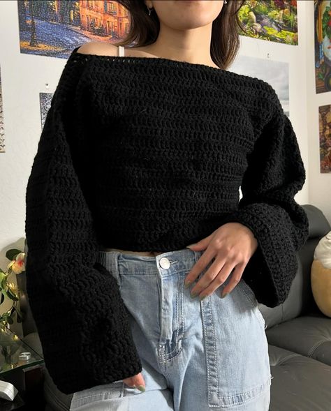 crochet sweater tutorial & free pattern out now! super basic, so you can customize it (I made mine cropped and off-shoulder!) it uses treble crochets, so it works up quick and it drapes very well. it can easily be subbed for a different stitch, though! pattern is also available in #3 and #4 yarn! the multicolored one is DK yarn and the black one is medium weight yarn #crochetsweaterpattern #crochetsweater #crochettop #crochettops #crochetpattern #crochetinspo #crochetideas Drop Shoulder Sweater Pattern, Crochet Sweater Tutorial, Black Crochet Sweater, Sweater Tutorial, Crochet Sweater Pattern Free, Medium Weight Yarn, Crochet Clothing And Accessories, Crochet Fingerless Gloves, Treble Crochet Stitch