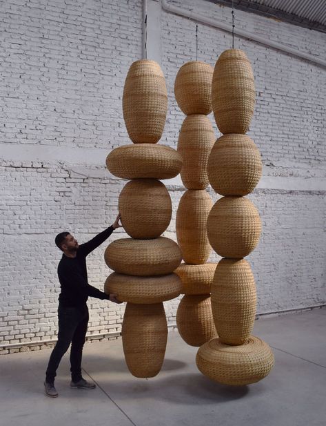 The 'Floating Towers' Hanging Woven Sculptures Straw Sculpture, Sculpture Installation, Contemporary Artwork, Abstract Sculpture, Wood Sculpture, Beach Club, Wabi Sabi, Installation Art, Sculpture Art