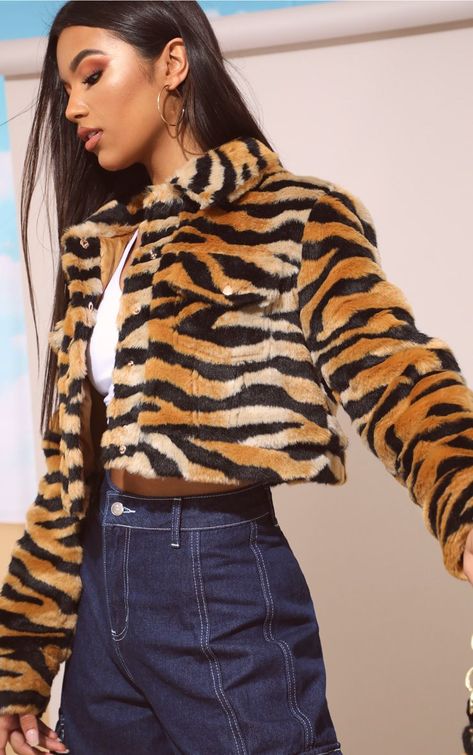 Tiger Print Faux Fur Crop Jacket | PrettyLittleThing USA Outrageous Fashion, Leopard Print Outfits, Faux Fur Cropped Jacket, Faux Fur Material, Fur Jackets, Fluffy Jacket, Faux Fur Coats, Plus Size Coats, Fur Coats