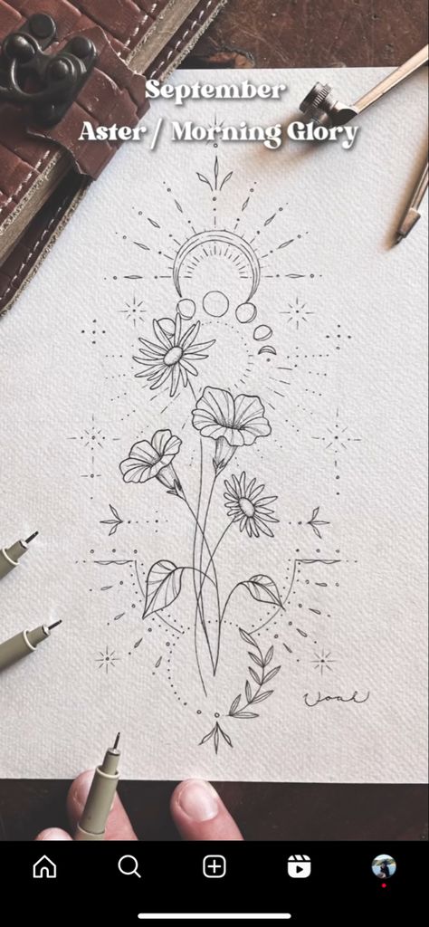 Daffodil Compass Tattoo, Half Moon Flower Tattoo, Aster And Morning Glory Drawing, Celestial Flower Tattoo, Celestial Arm Tattoo, Kid Name Tattoo Ideas, Aster And Morning Glory Flower Tattoo, September Birth Flower Tattoo Aster, Aster And Morning Glory Tattoo