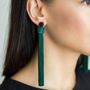 Green Tassel Earrings Fashion Fringe Earrings Long Tassel | Etsy Pink Statement Earrings, Green Tassel Earrings, Long Statement Earrings, Statement Stud Earrings, Emerald Green Earrings, Earrings Emerald, Beaded Tassel Earrings, 2 Earrings, Long Tassel Earrings