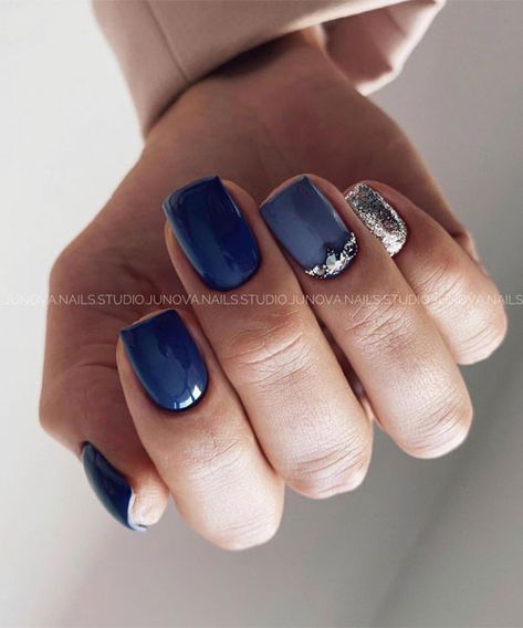 Blue Nails Different Shades, Navy Blue Nails Short, Nail Designs Dark Blue, Blue Shiny Nails, Nails Different Shades, Different Shades Of Blue Nails, Nails Matte Blue, Blue And Silver Nail Designs, Nail With Rhinestones