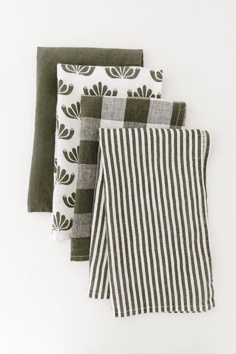 Linen Tea Towel Bundle in Olive Green Kitchen Accessories, Patterned Tea Towels, Gingham Linen, Hand Towels Bathroom, Farm To Table, Towel Kitchen, Kitchen Hand Towels, Linen Tea Towel, Linen Towels