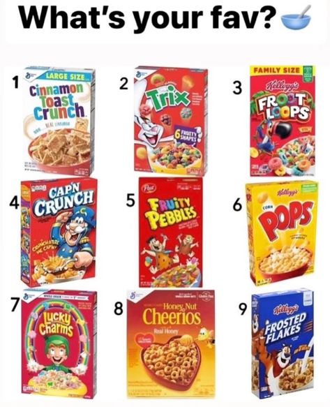 Comment which cereal is your favorite ❤️ #breakfast #oatmeal #breakfastclub #breakfastcereal #breakfastcereals #cereal #cereals #bowlofcereal #cerealbar #cerealbowl #cerealbars #frostedflakes #applejack #applejacks #fruitloops #frootloops #fruitloop #fruit #cinnamon #cinnamontoastcrunch #fruitypebbles #cheerios #honeynutcheerios #honeynut #pop #poptarts #luckycharms #luckycharm #luckycharmscereal #chocolate Questions For Tiktok, One Has To Go Food, Interaction Posts Facebook, One Gotta Go, Attendance Questions, Food Questions, One Has To Go, Group Questions, Pick A Number