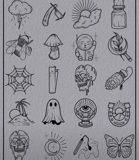 Small Alternative Tattoo Ideas, Small Tattoos Goth, Dark Academia Tattoos, Goth Tattoo Flash Sheet, Gothic Doodles, Witchy Tattoo Flash, Dark Academia Tattoo, 2023 Tattoo Ideas, Halloween Tattoo Flash