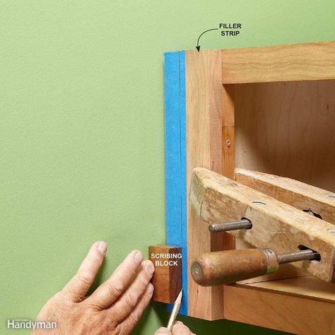 Use a Block of Wood for Scribing Find the largest distance between the outside of the cabinet and the wall. Take that measurement and make a pencil mark on your filler strip (measure over right to left in this case). How To Install Kitchen Island, Install Cabinets, Installing Kitchen Cabinets, Traditional Kitchen Cabinets, Building Kitchen Cabinets, Block Of Wood, Custom Kitchen Island, Kitchen Wall Cabinets, Kitchen Pantry Cabinets