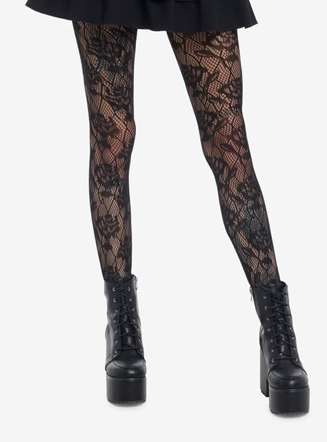 Let your look bloom with these fishnet tights! This black pair features rose and vine designs allover.92% nylon; 8% spandexHand wash cold; drip dryImported Red And Black Tights, Lace Pantyhose Outfit, Gothic Skirt Outfit, Goth Staples, Fishnets Aesthetic, Black Floral Tights, Fishnet Trend, Black Lace Tights, Fishnets Outfit