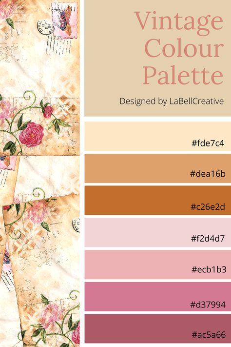 Pretty, romantic vintage colour palette with hex codes Victorian Color Palette Vintage, Vintage Colour Palette Retro, Tea Colour Palette, Spring Color Palette Hex Codes, Color Swatches Colour Palettes, Romantic Color Palette, Bohemian Color Palette, Vintage Color Palette, Color Inspiration Boards