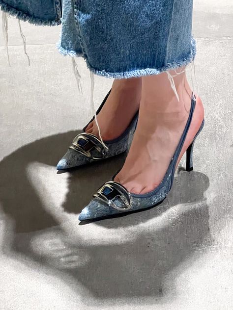 Denim Diesel brand heels paired with a reworked denim maxi skirt Denim High Heels, Diesel Heels Outfit, Denim Kitten Heels, Denim Heels Outfit, Diesel Heels, Pointed Heels Outfit, Elegant Shoes Heels, Denim Diesel, Fancy Heels