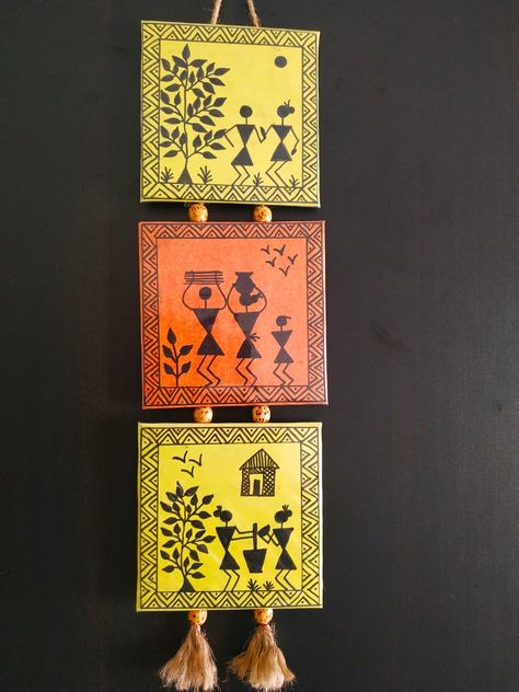 Folk Art Wall Hanging, Worli Painting Designs Easy, Varli Painting Art Easy, Warli Art Wall Hanging, Varli Painting Art On Wall, Warli Paintings Easy, Warli Painting Ideas On Wall, Warli Painting Ideas On Paper, Indian Folk Art Painting Easy