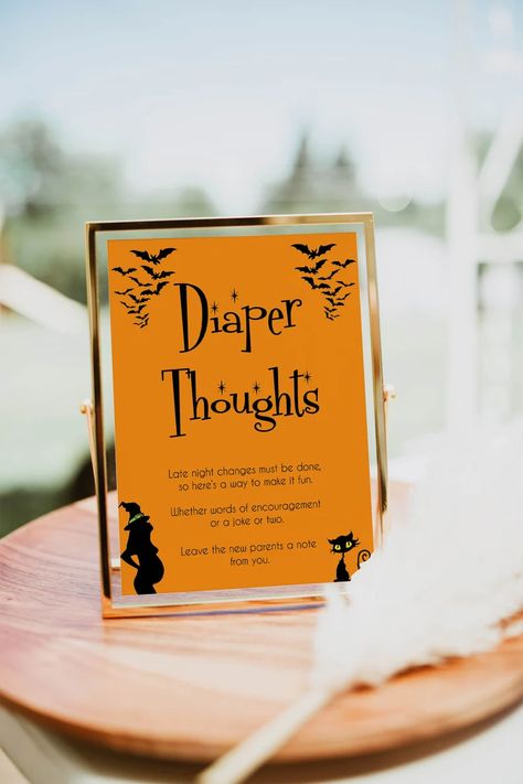 Halloween Diaper Thoughts Sign the Diaper Diaper Station - Etsy UK Halloween Baby Shower Games, Pacifier Hunt Game, Pacifier Hunt, October Baby Showers, Halloween Gender Reveal, Dont Say Baby Game, Luau Baby Showers, Halloween Baby Shower Theme, October Baby