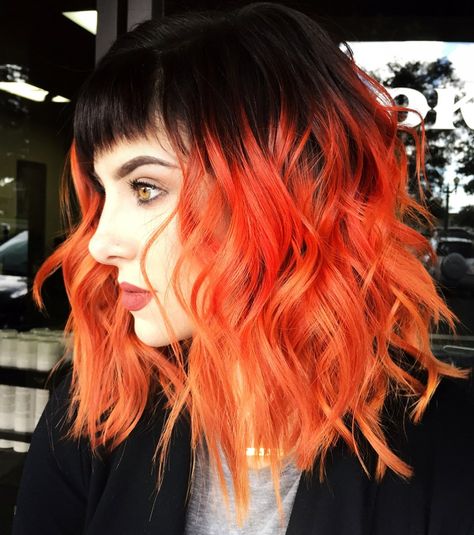 Medium Red Hairstyle With Black Roots Bright Red Hair Color, Grey Balayage, Fire Ideas, Cheveux Oranges, Mermaid Hair Color, Hair Color Orange, Bright Red Hair, Bright Hair Colors, Bright Hair