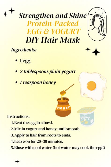 Give your hair the protein boost it needs with this egg and yogurt mask. It strengthens weak hair and boosts shine, perfect for any hair type.⭐🐝DIY protein hair mask
Egg hair mask
Strengthening hair treatment🥚💛 Hair Mask Egg, Yogurt Hair Mask, Protein Hair Mask, Egg Hair, Diy Yogurt, Egg Hair Mask, Yogurt Mask, Protein Hair, Strengthening Hair