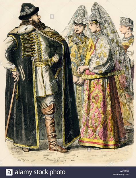 Download this stock image: Russian noble and ladies in summer clothing 1700s. Hand-colored print - AYTRPX from Alamy's library of millions of high resolution stock photos, illustrations and vectors. 18th Century Russian Fashion, Russian Folk Dress, Wind Pictures, Russian Dress, Historical Gowns, Russian Clothing, Photo Drawing, Cherry Orchard, Peter The Great