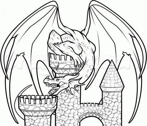 Dragon On Castle Drawing, Castle Drawing Tutorial, Dragon And Castle Drawing, Sitting Dragon Drawing, Castle Dragon Tattoo, Castle Drawing Easy, Castle Drawings, Dragon And Castle, Bugs Bunny Drawing