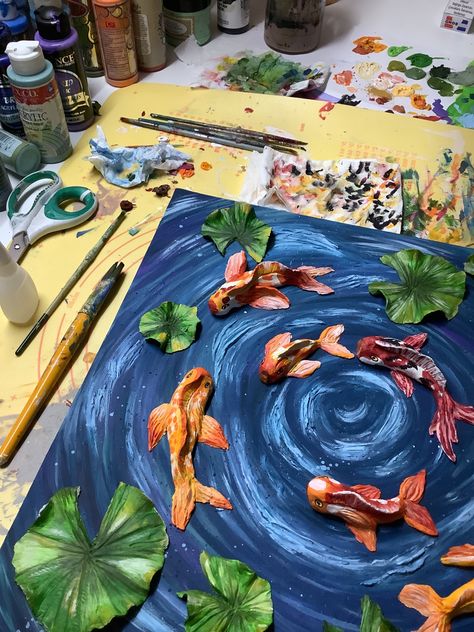 #koifish #3dpainting #clay #ceramics #koifishart #canvaspaintingideas #canvas Painting Ideas On Canvas Fish, Clay Painting Ideas On Canvas, Fish Painting Easy, Mini Canvas Ideas, 3d Painting On Canvas, For My Bf, Painting Canvases, Easy Canvas Art, Canvas Drawings