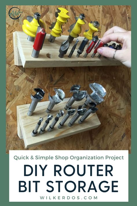 Here’s another quick and simple shop organization project for you. I wanted to build something this week to organize my router bits, forstner bits, and deep hole plug bits; I went through my scrap bin and found a few left over 1xs from previous projects to cut up and use. Two of the boards already had an edge with a 45 degree cut on it so I decided to make the holders with French cleats. French Cleat Router Bit Storage, French Cleat Drill Bit Storage, Forstner Bit Storage, Router Bit Storage, Cleat Storage, French Cleat Storage, Tiny Workshop, Modern Farmhouse Coffee Table, Bit Storage