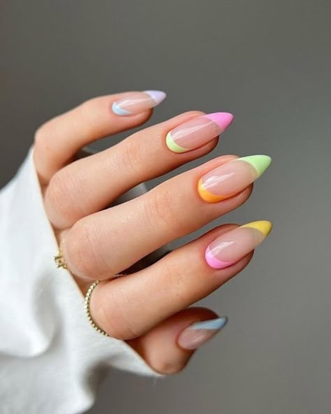 Top 30 Summer French Nails 2024: Trendy Designs & Chic Styles Nails Design For Summer 2024, French Color Nails Design, French Tip Nails Summer Colors, Nail Inspo Colourful, Different Color Nails French Tip, Vibrant Nails Summer 2024, Summer Nail Designs 2024 Almond, Summer French Nails 2024, Trendy Summer Nails French Tip