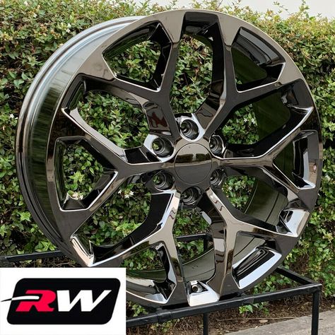 $1099 • Buy 20 X 9 Inch Black Chrome Snowflake Rims Fits Chevy Silverado RW Replica Wheels Black And Chrome Rims, Black Rims Truck, Chevy Wheels, Black Chrome Wheels, White Suv, Car Rims, Replica Wheels, Car Things, Chrome Rims