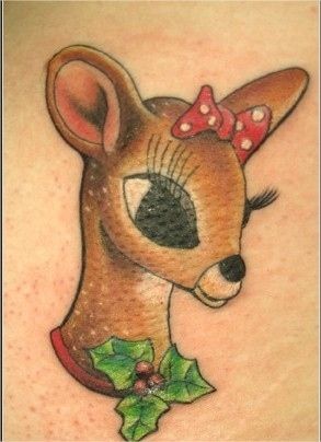 Christmas Themed Tattoos Rudolph Tattoo, Clarice Reindeer, Reindeer Tattoo, Holiday Tattoos, Deer Head Tattoo, Christmas Tattoos, Lovely Tattoo, Themed Tattoos