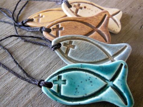 Christian Pottery Ideas, Christian Clay Projects, Christian Ceramic Ideas, Christian Clay Art, Christian Ceramics, Christian Pottery, Christian Fish Symbol, Clay Cross, Ceramic Crosses