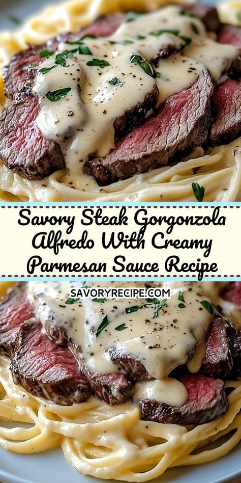 Looking for a mouthwatering steak dinner that impresses? This Savory Steak Gorgonzola Alfredo with Creamy Parmesan Sauce elevates your meal with rich flavors and creamy textures. Perfect for pairing with your favorite sides, don’t forget to save this recipe for an unforgettable dinner night! Creamy Steak Sauce, Steak Gorgonzola Alfredo, Gorgonzola Alfredo, Creamy Steak, Parmesan Sauce Recipe, Steak Alfredo, Steak Gorgonzola, Gorgonzola Recipes, Gorgonzola Sauce