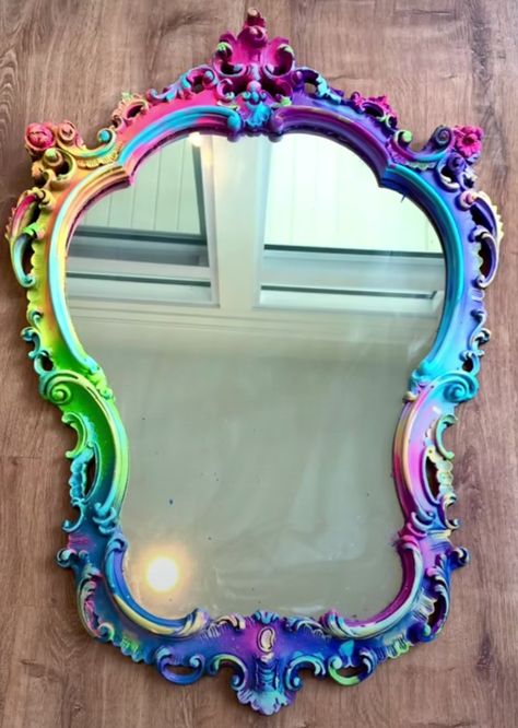 Mirror Redo, Repurpose Crafts, Decoupaged Furniture, Rainbow Stuff, Colorful Rooms, Upcycle Art, Rainbow Mirror, Whimsical Painted Furniture, Boho Inspo