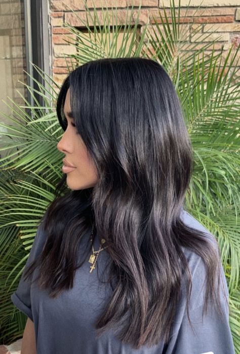 Black Mid Hair Length Styles, Dark Black Hair Medium Length, Medium Length Dark Brunette Hair, Mid Length Black Hairstyles, Medium Dark Hair With Layers, Dark Brown Mid Length Hair Straight, Black Collarbone Length Hair, Jet Black Hair Shoulder Length, Hair Black With Highlights