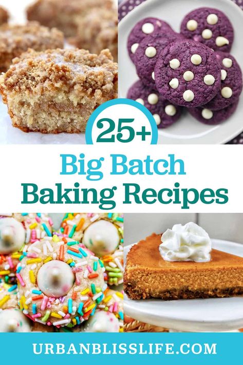 Need to bake something delicious to feed a crowd? From cookies to cakes, from pies to dessert bars, you'll find 25+ of the best big batch baking recipes in this collection at UrbanBlissLife.com. Best Large Batch Cookies, Large Batch Cupcake Recipe, Big Batch Cookie Recipes, Large Batch Cookies, Big Batch Cookies, Dessert To Feed A Crowd, Drop Sugar Cookies, Batch Baking, Banana Coffee Cakes