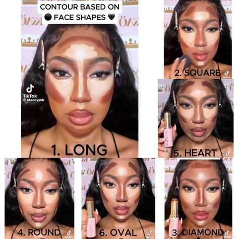 Face Contouring Black Women, Makeup To Fit Your Face, How To Contour Black Women, Snatched Face Contour, How To Make Eyes Look Seductive, How To Find Out Your Face Shape, Face Contouring Round Face, Make Up Applications, Contour Makeup Black Women