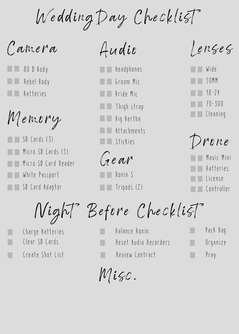 Wedding Videographer Checklist, Micro Wedding Checklist, Photographer Checklist, Wedding Photographer Checklist, Wedding Photo Tips, Photography Checklist, Wedding Day Checklist, Wedding Photography Checklist, Cinematic Lighting