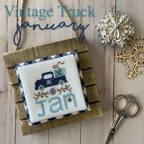 January Cross Stitch, Truck Cross Stitch, Curriculum Preschool, Cross Stitch Gallery, Month January, Blue Truck, Needle Minders, Vintage Truck, Dmc Floss