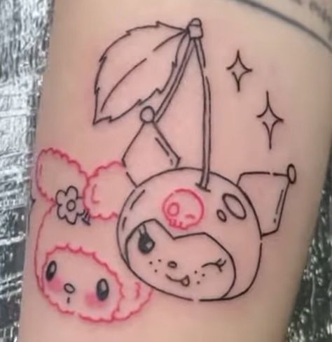 my melody tattoo cherry tattoo kuromi tattoo Kuromi Tattoo Aesthetic, Tattoo Ideas Hello Kitty, Black And Pink Tattoo, Sanrio Tattoo Ideas, Kawaii Flash Tattoo, Cute Creepy Tattoos, Cinnamoroll Tattoo, My Melody Tattoo, Kawaii Tattoo Ideas