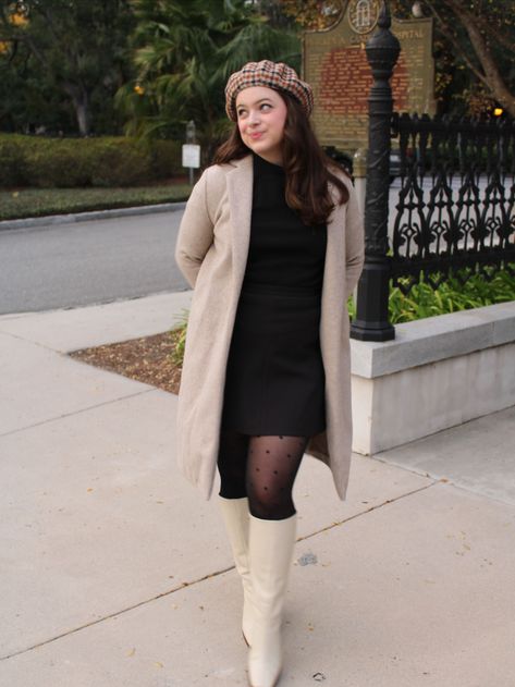 Brown check beret, nude wool coat black mini dress, black polka dot tights, and cream leather go go boots from Alohas Wool Coat Black, Go Go Boots, Sheer Black Tights, Cream Boots, Polka Dot Tights, All Black Looks, Gogo Boots, Sheer Tights, Black Tights