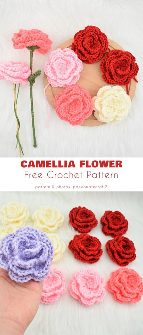 Camellia flower Free Flower Patterns, Crochet Small Flower, Crochet Rose Pattern, Crochet Flowers Easy, Crochet Flowers Free Pattern, Crochet Bouquet, Flowers Crochet, Crocheted Flowers, Crochet Plant