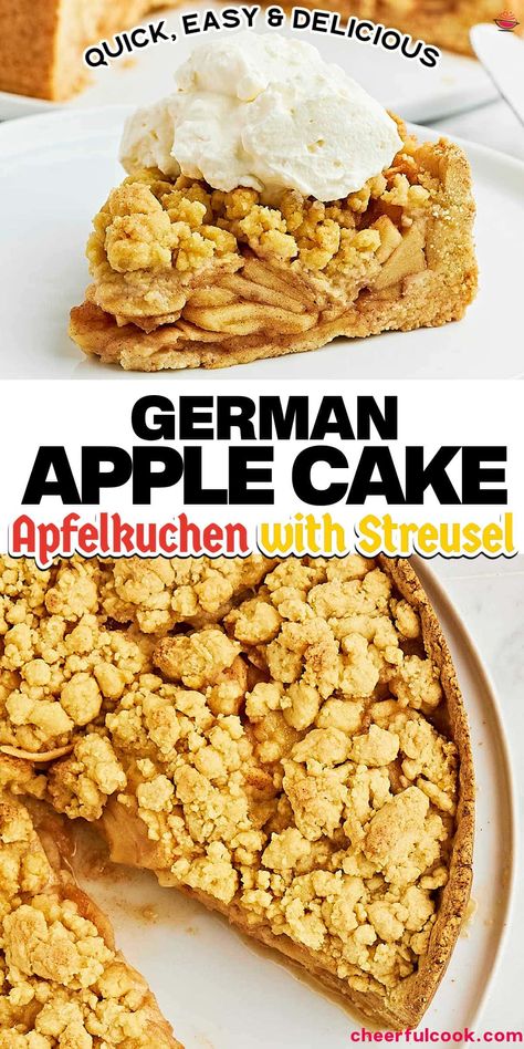 This German Apple Cake (Apfelkuchen) with Streusel Topping is a sweet treat you can easily make at home. It's packed with apples and a dash of vanilla! #cheerfulcook #applecake #apfelkuchen #germanrecipes #easybaking #homebaked #dessertrecipe Apple Kuchen Recipe German, Apple Kuchen Recipe, Apple Streusel Cake, German Dessert, Easy German Recipes, German Apple Cake, German Food Authentic, Apple Treats, Christmas Cookie Recipes Holiday