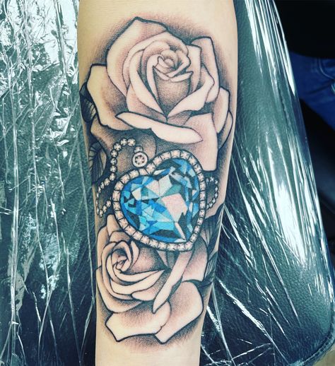 Heart Of The Ocean Tattoo, The Ocean Tattoo, Diamond Heart Tattoo, Loving Memory Tattoos, Anniversary Tattoo, In Loving Memory Tattoos, Rose Tattoo On Arm, Memory Tattoos, Hope Diamond