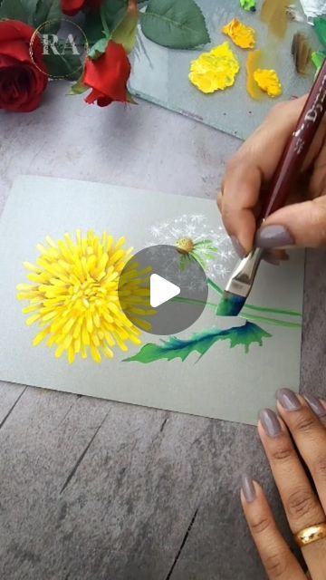 Dandelion Painting Acrylic Easy, Dandelion Paintings, Painting Dandelions, Easy Paintings For Beginners, Dandelion Painting, Acrylic Flower Painting, Flowers Paintings, Paper Flower Art, Liner Brush