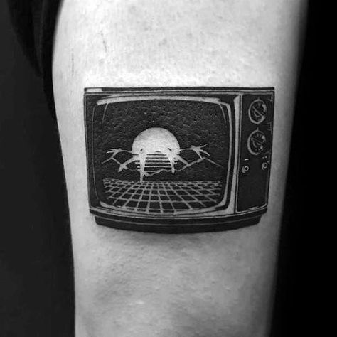 40 TV Tattoos For Men - Television Set Design Ideas Television Tattoo Ideas, Crt Tv Tattoo, Videodrome Tattoo, Television Tattoo, Animation Tattoo, Set Design Ideas, Tv Tattoo, Stranger Things Tattoo, Internet Ads