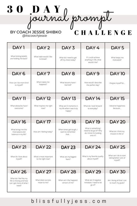 If you are wanting to get into journaling, but aren't sure where to start, this 30 Day Journal Prompt Challenge is the perfect place to start! Challenge yourself to use these prompts every day for 30 days, guiding you towards understanding yourself better. There are so many benefits to journaling and I can't wait to guide you on the process! / getting started with journaling / journaling tips / self care strategies / journal prompts / journaling inspiration // blissfullyjess.com Journal Prompts Challenges 30 Day, 30 Days Journaling Challenge, 90 Day Journal Challenge, Journal For Beginners Step By Step, 15 Days Writing Challenge, 30 Days Journal Prompts, 30 Days Journal Challenge, 30 Day Writing Challenge Journaling, Journal Challenge 30 Day