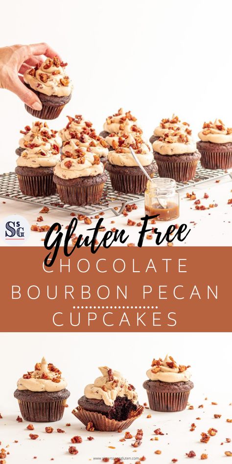 Gluten Free Thanksgiving Cupcakes, Gluten Free Cupcake Recipes, Bourbon Cupcakes, Gluten Free Cupcake, Pecan Cupcakes, Gluten Free Cupcake Recipe, Boozy Cupcakes, Butter Caramel, Chocolate Bourbon