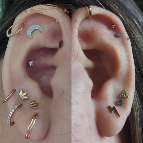 Harry Potter theme multiple piercings stacked lobe constellation piercing
#Piercingideas #stackedlobe #triplelobe #doublehelix #conch #flat #verticalhelix Antitragus And Conch Piercing, Double Vertical Helix Piercing, Vertical Lobe Piercing, Vertical Helix Piercing, Stacked Lobe, Piercing Styles, Triple Lobe, Ace Ring, Flat Piercing