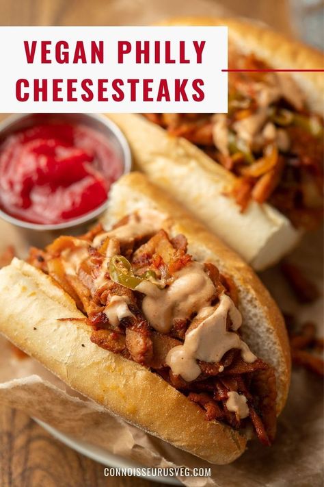 These vegan cheesesteak sandwiches are easy to make and even better than the real deal! Made with crispy pan-fried seitan, Italian long hot peppers and onions, smothered in dairy-free cheese sauce, they're loaded with flavor and packed with protein! Vegan Cheesesteak, Long Hot Peppers, Philly Cheesesteak Sandwiches, Vegan Philly Cheesesteak, Cheesesteak Sandwiches, Vegan Seitan, Philly Cheesesteaks, Vegan Meat Substitutes, Pepper Sandwich